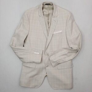 Hugo Boss Blazer Mens 44 Beige Glen Plaid Wool Linen Slim Fit Summer Sport Coat